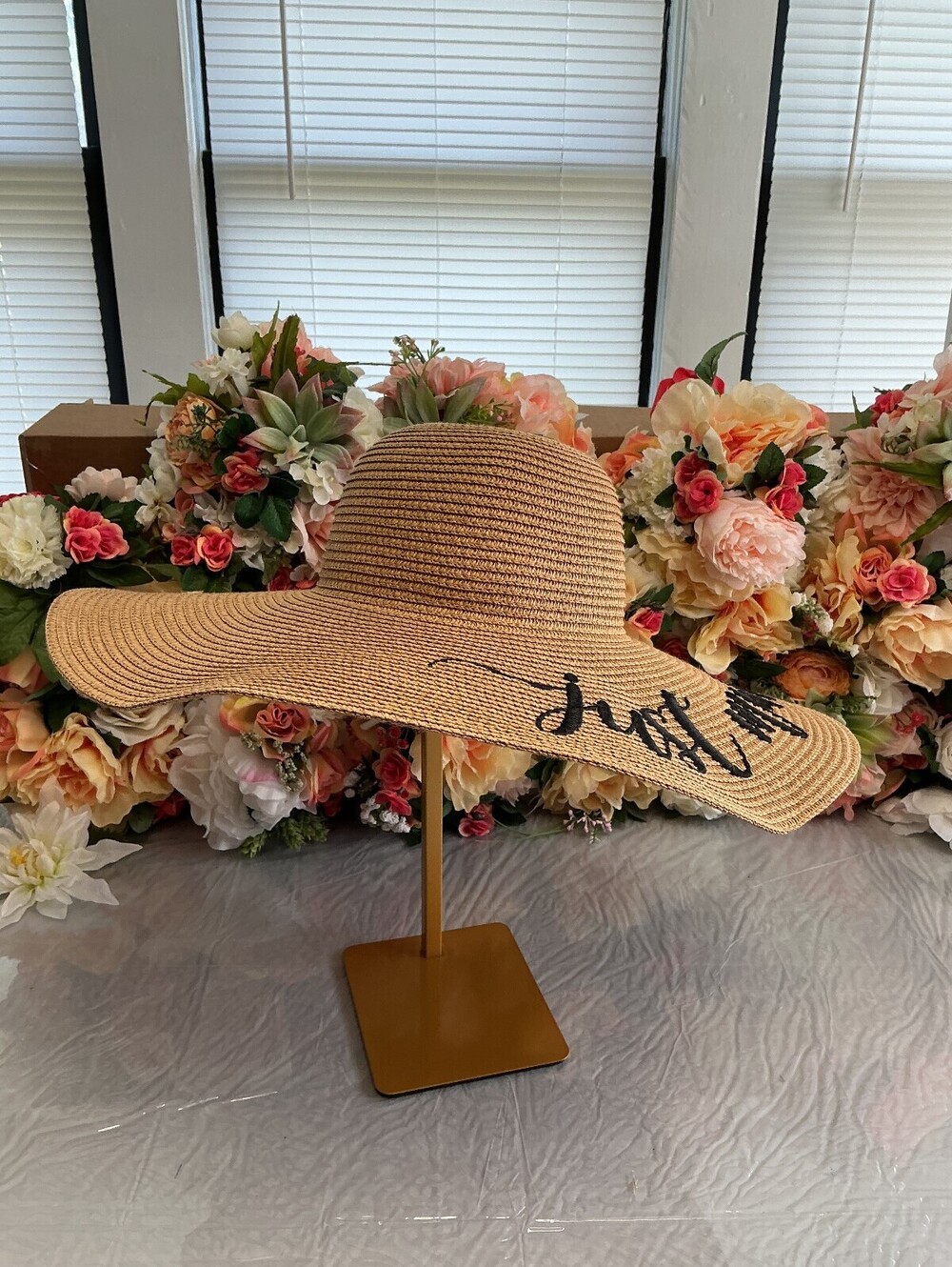 Just Married Wide Brim Sun Hat Tan Black Bridal Honeymoon